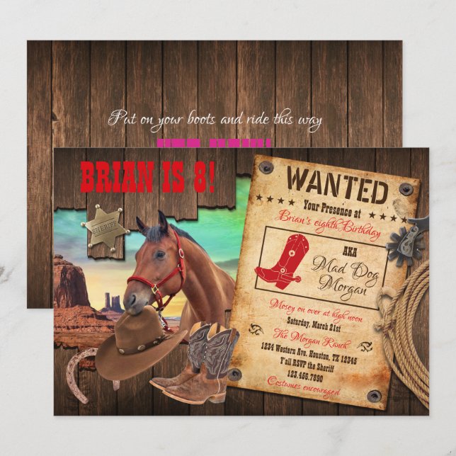 Invitación de Cowboy Wild West (Anverso / Reverso)