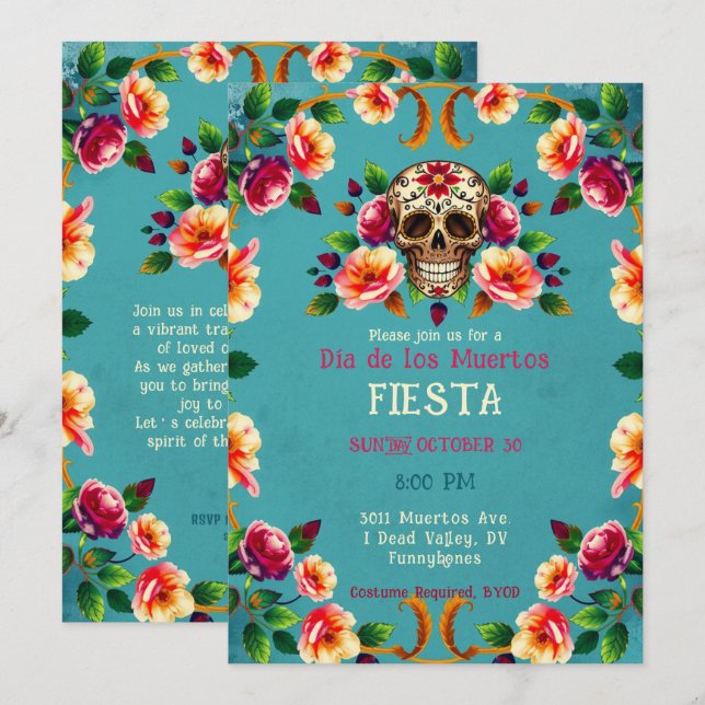Invitación 💀 🎉 de cráneo lleno de Rosas, el Día de los Muer (Anverso / Reverso)
