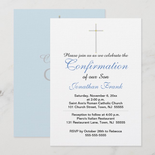 Invitación de Cross Son Blue Gray de confirmación (Anverso / Reverso)