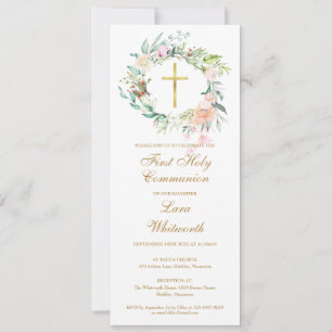 Invitación de Cruz de Oro Floral para Primera Comu