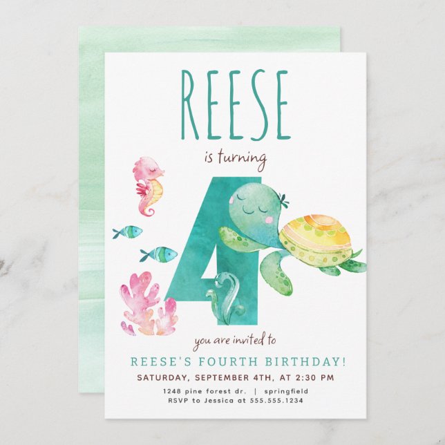 Invitación de cuarto cumpleaños a Sea Turtle (Anverso / Reverso)