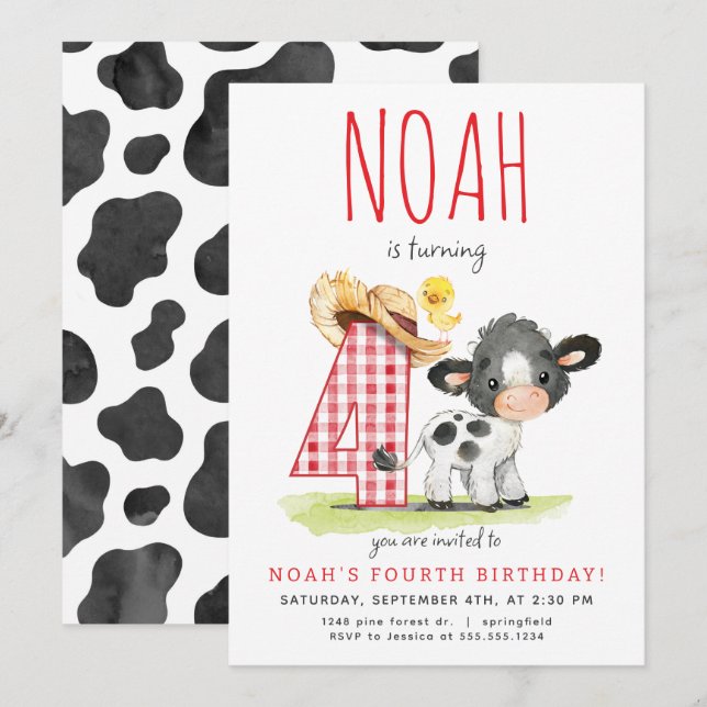 Invitación de cuarto cumpleaños de Farm Cow (Anverso / Reverso)