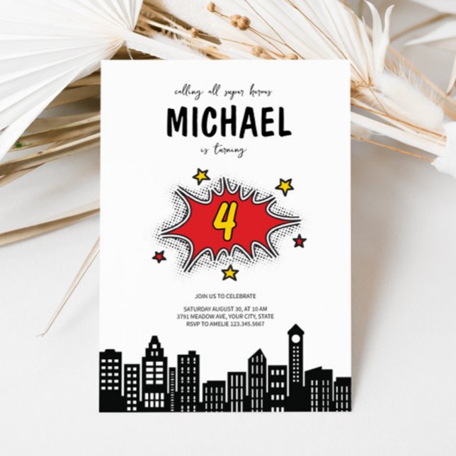 Invitación de cuarto cumpleaños de superhéroe diná (Subido por el creador)