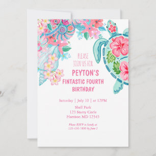 Invitación de cuarto cumpleaños de verano de tortu