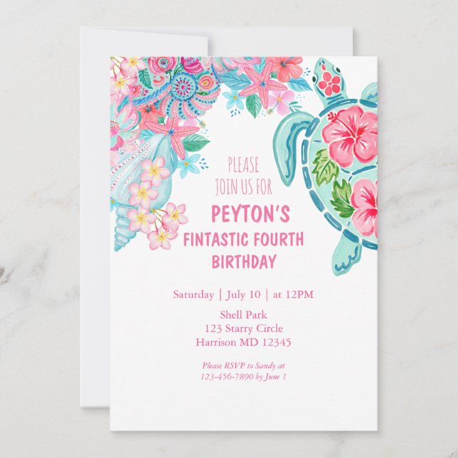 Invitación de cuarto cumpleaños de verano de tortu (Anverso)