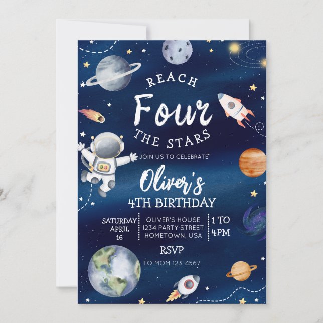 Invitación de cuarto cumpleaños del espacio exteri (Anverso)