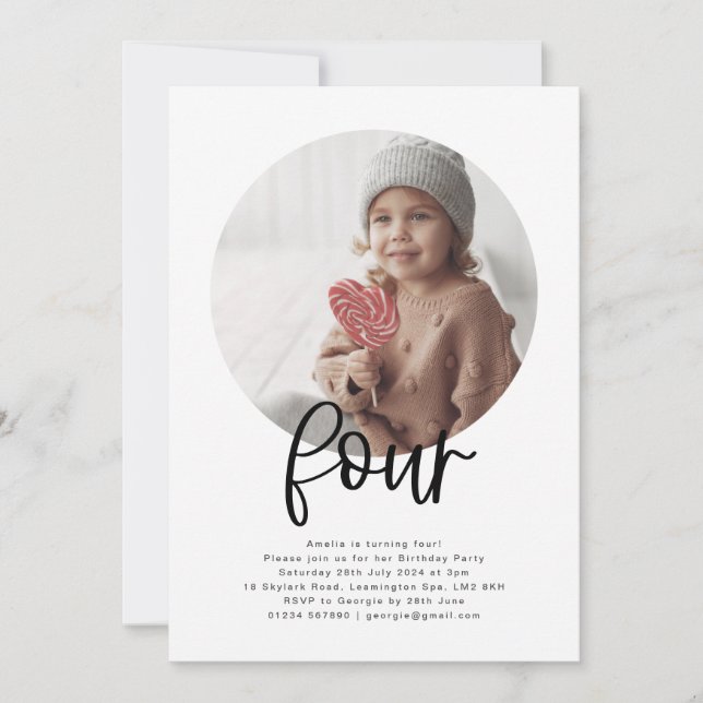 Invitación de cuatro cumpleaños de la foto redonda (Anverso)