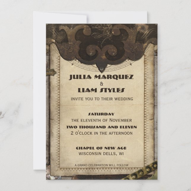 Invitación de cuero de la boda de Steampunk del (Anverso)