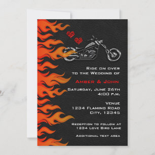 Invitación de cuero negro con llamas de motociclet