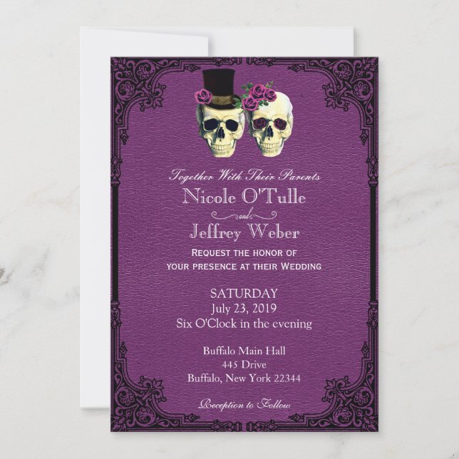 Invitación de cuero púrpura de la boda del cráneo (Anverso)