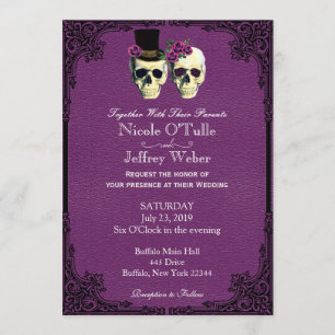 Invitación de cuero púrpura de la boda del cráneo