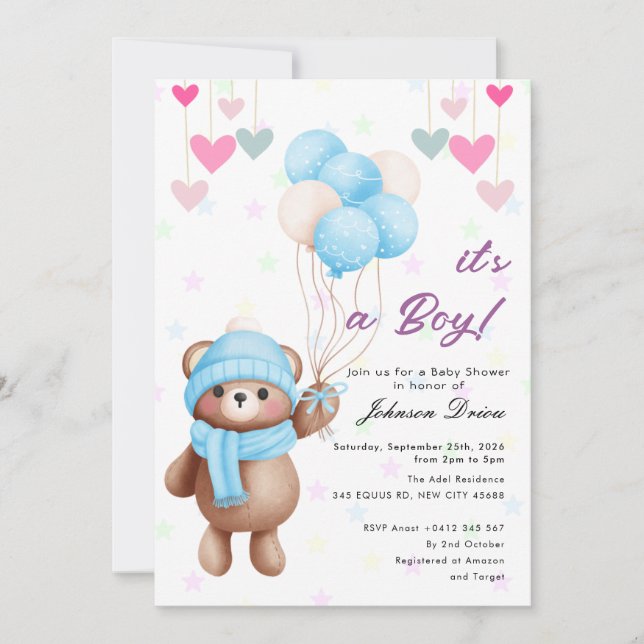 invitación de cumple de bebé con globo de osito de (Anverso)