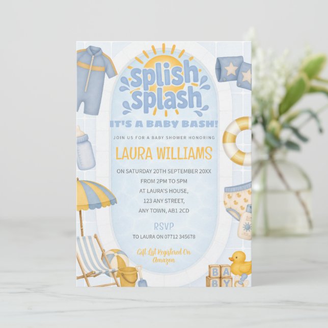 Invitación de Cumple de Bebé Splash Piscina Tema (Anverso de pie)