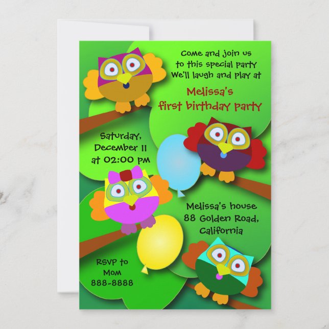 Invitación de cumpleaños 030G:Lechuzas (Anverso)