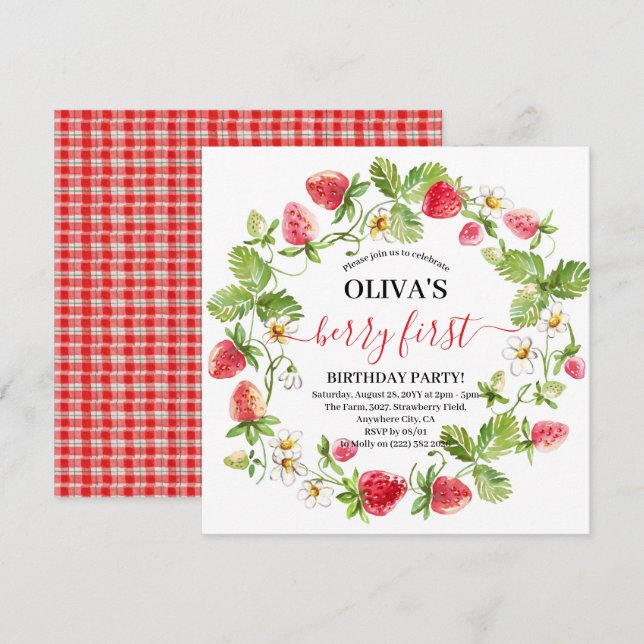 Invitación de cumpleaños 1º con fresa en acuarela (Anverso / Reverso)