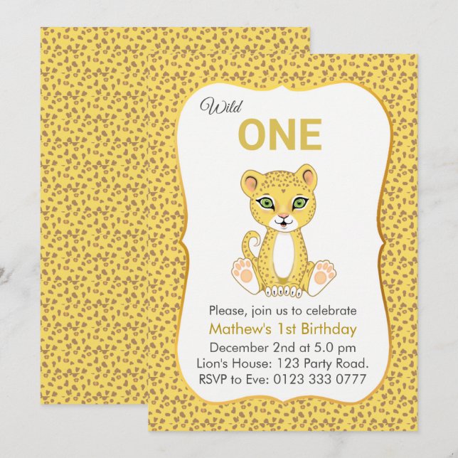 Invitación de cumpleaños 1º Cute Wild One Leopardo (Anverso / Reverso)