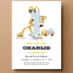 Invitación de cumpleaños 1º de camiones en constru
