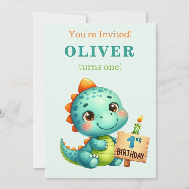 Invitación de cumpleaños 1º de dinosaurio lindo (Anverso)