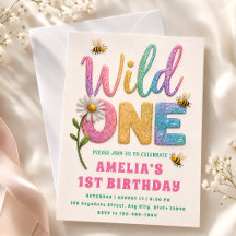 Invitación de cumpleaños 1º Glitter Daisy Bumble B