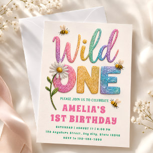 Invitación de cumpleaños 1º Glitter Daisy Bumble B