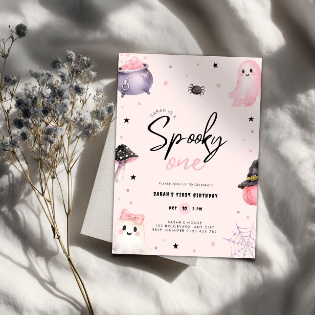 Invitación de cumpleaños 1º Pink Spooky One Hallow (Pink spooky one birthday invitation for girls)