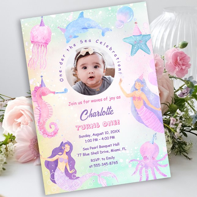 Invitación de cumpleaños 1º Under the Sea Mermaid  (Under the Sea Mermaid Girl 1st Birthday Invitation)