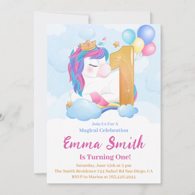 Invitación de cumpleaños 1º Unicornio Globos Arcoí (Anverso)
