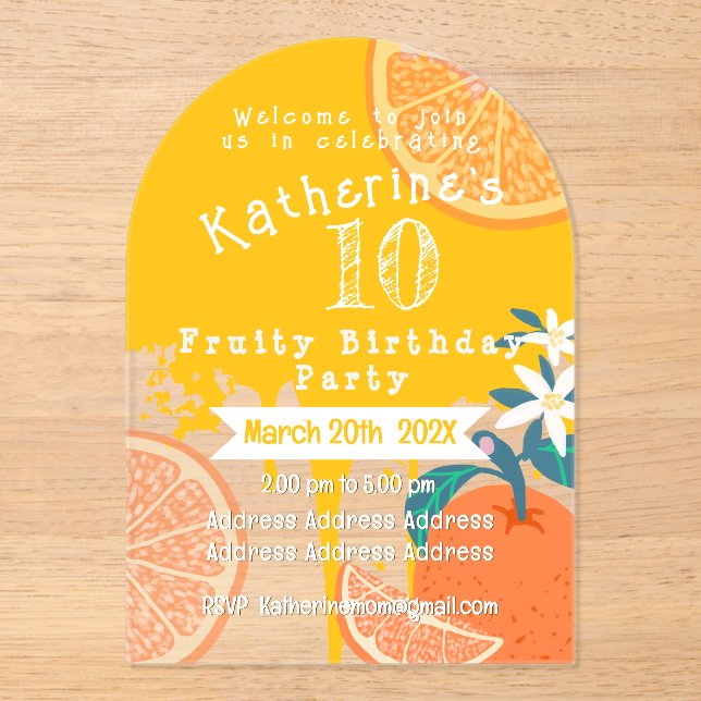 Invitación de cumpleaños 10º Fruity Orange (Anverso)
