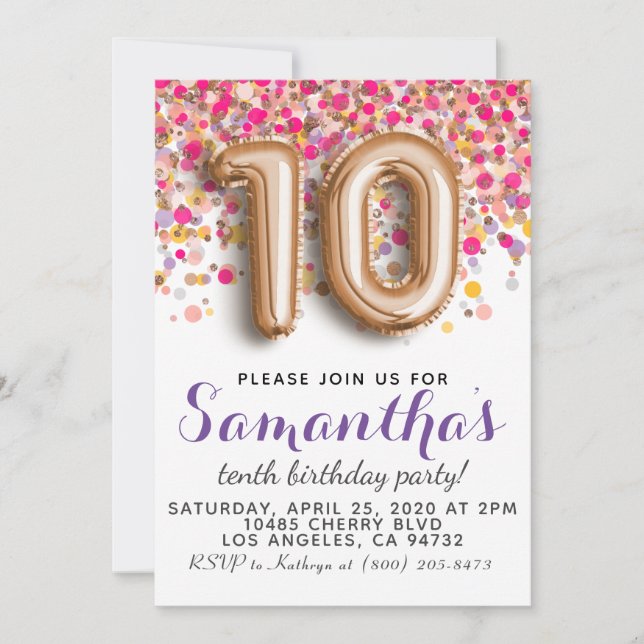 Invitación de cumpleaños 10º Rose Gold (Anverso)