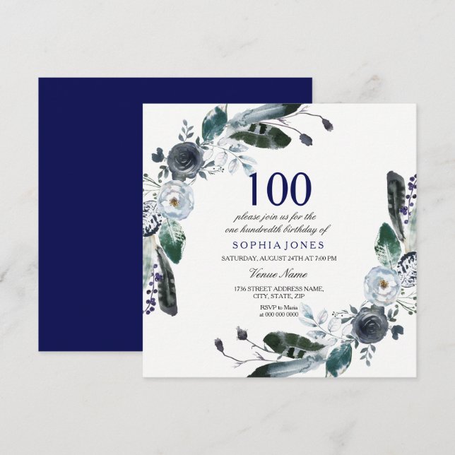 Invitación de cumpleaños 100 a Floral blanca azul  (Anverso / Reverso)