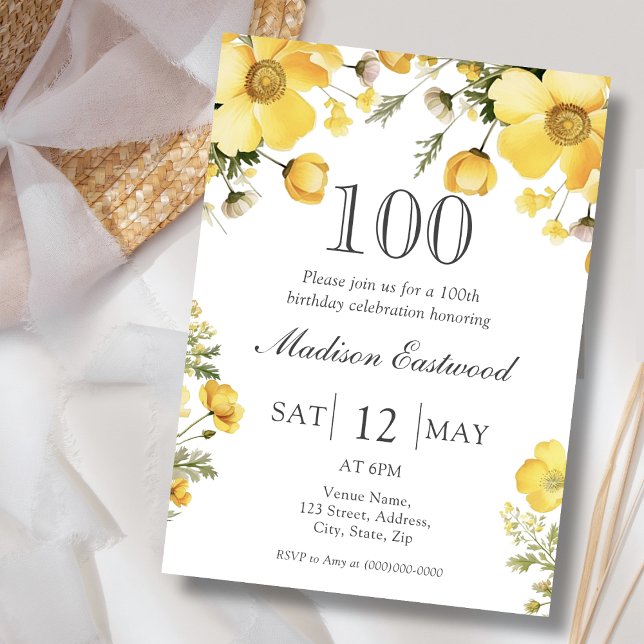 Invitación de cumpleaños 100 a la floral amarilla (Subido por el creador)