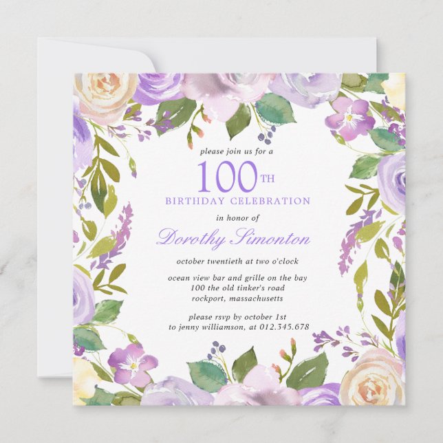 Invitación de cumpleaños 100 a la floral morada de (Anverso)