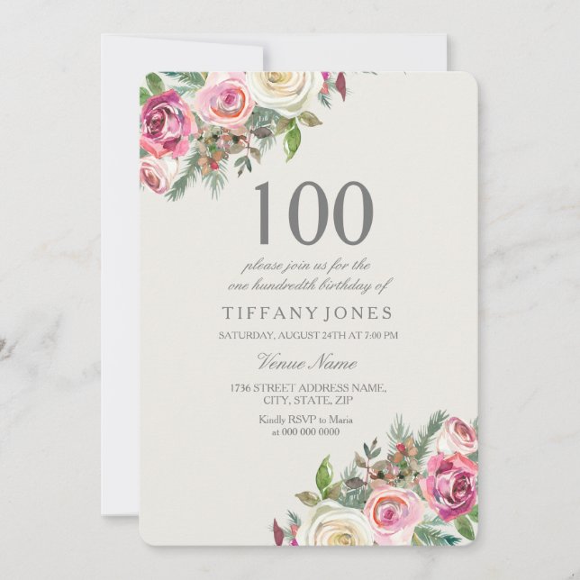 Invitación de cumpleaños 100 a la floral rosa y bl (Anverso)