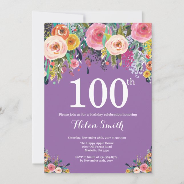 Invitación de cumpleaños 100 a Purple Floral (Anverso)