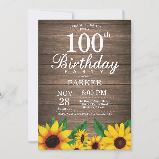 Invitación de cumpleaños 100 a Rustic Sunflower (Anverso)
