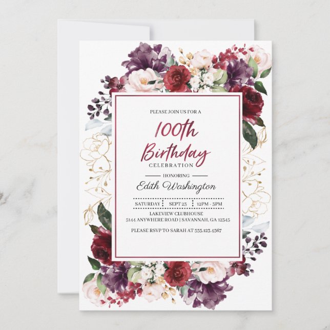Invitación de cumpleaños 100 de Burgundy Floral (Anverso)