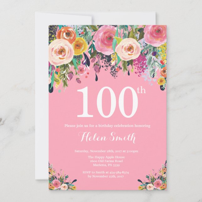 Invitación de cumpleaños 100 de Floral Rosa (Anverso)