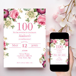 Invitación de cumpleaños 100 de Floral Rosa
