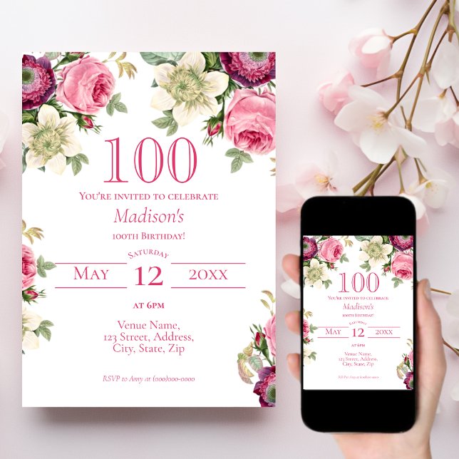 Invitación de cumpleaños 100 de Floral Rosa (Subido por el creador)