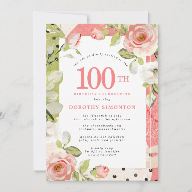 Invitación de cumpleaños 100 de Floral rosa y blan (Anverso)
