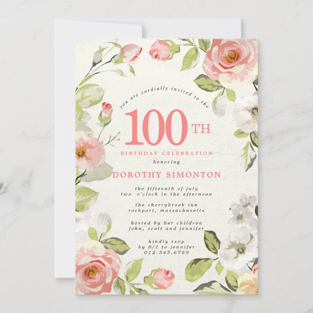 Invitación de cumpleaños 100 de Floral rosa y blan (Anverso)