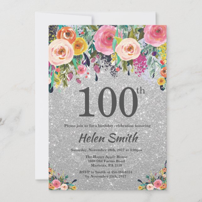 Invitación de cumpleaños 100 de Silver Purpurina F (Anverso)