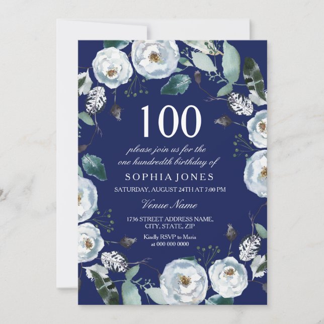 Invitación de cumpleaños 100 de White Floral Navy  (Anverso)