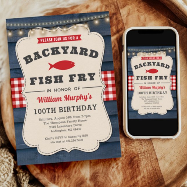 Invitación de cumpleaños 100 Fish Fry (Backyard Fish Fry 100th Birthday Invitation)