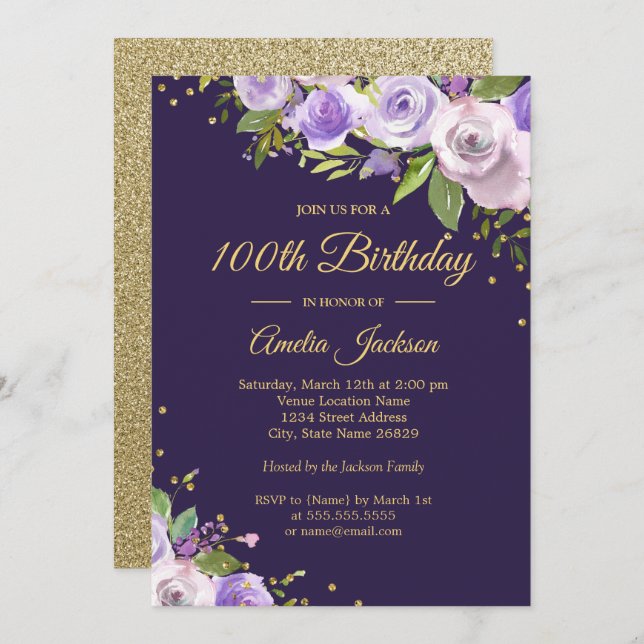 Invitación de cumpleaños 100 Gold Purple Sparkle F (Anverso / Reverso)