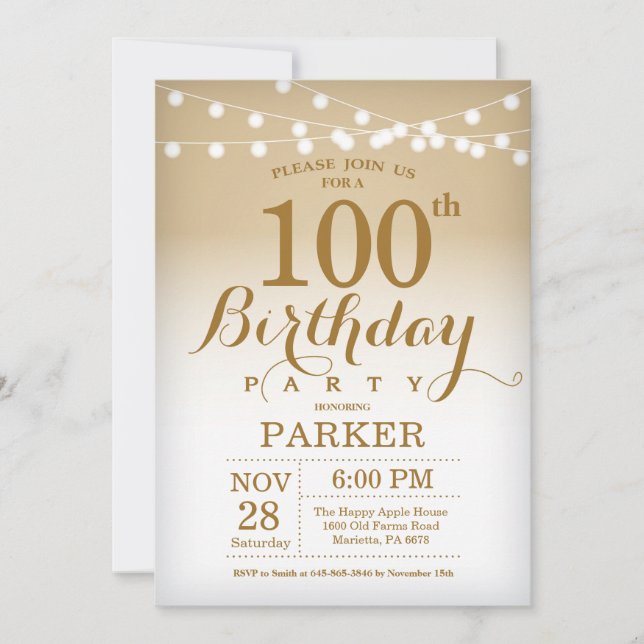 Invitación de cumpleaños 100 Luces de cuerda de or (Anverso)