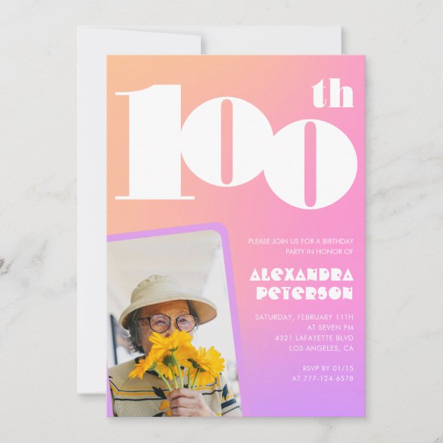 Invitación de cumpleaños 100 rosada para su foto r (Anverso)