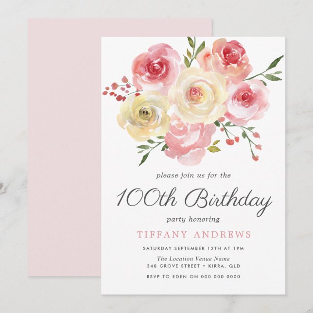 Invitación de cumpleaños 100 Rubor Pink (Anverso / Reverso)