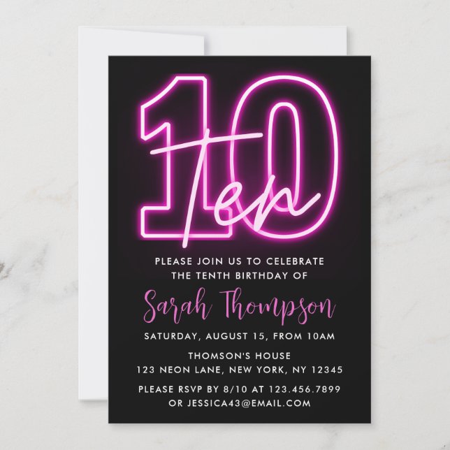 Invitación de cumpleaños 10 de Neon Pink (Anverso)