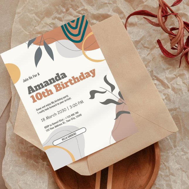 Invitación de cumpleaños 10 del retro botánico (Subido por el creador)